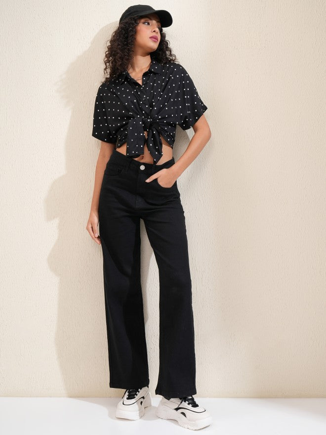 Tokyo Talkies Women Black Wide Leg Stretchable Jeans - Black - Image 2