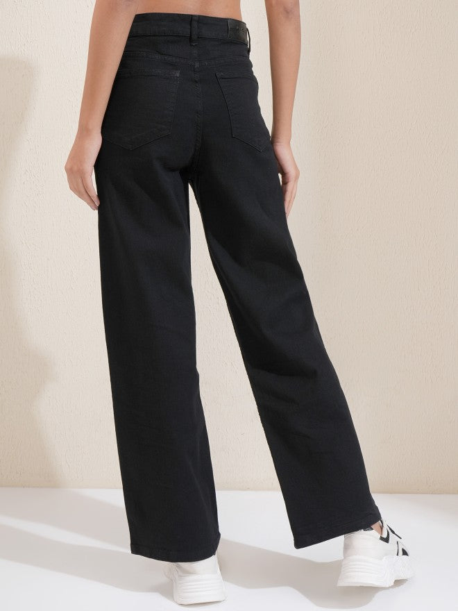 Tokyo Talkies Women Black Wide Leg Stretchable Jeans - Black - Image 3
