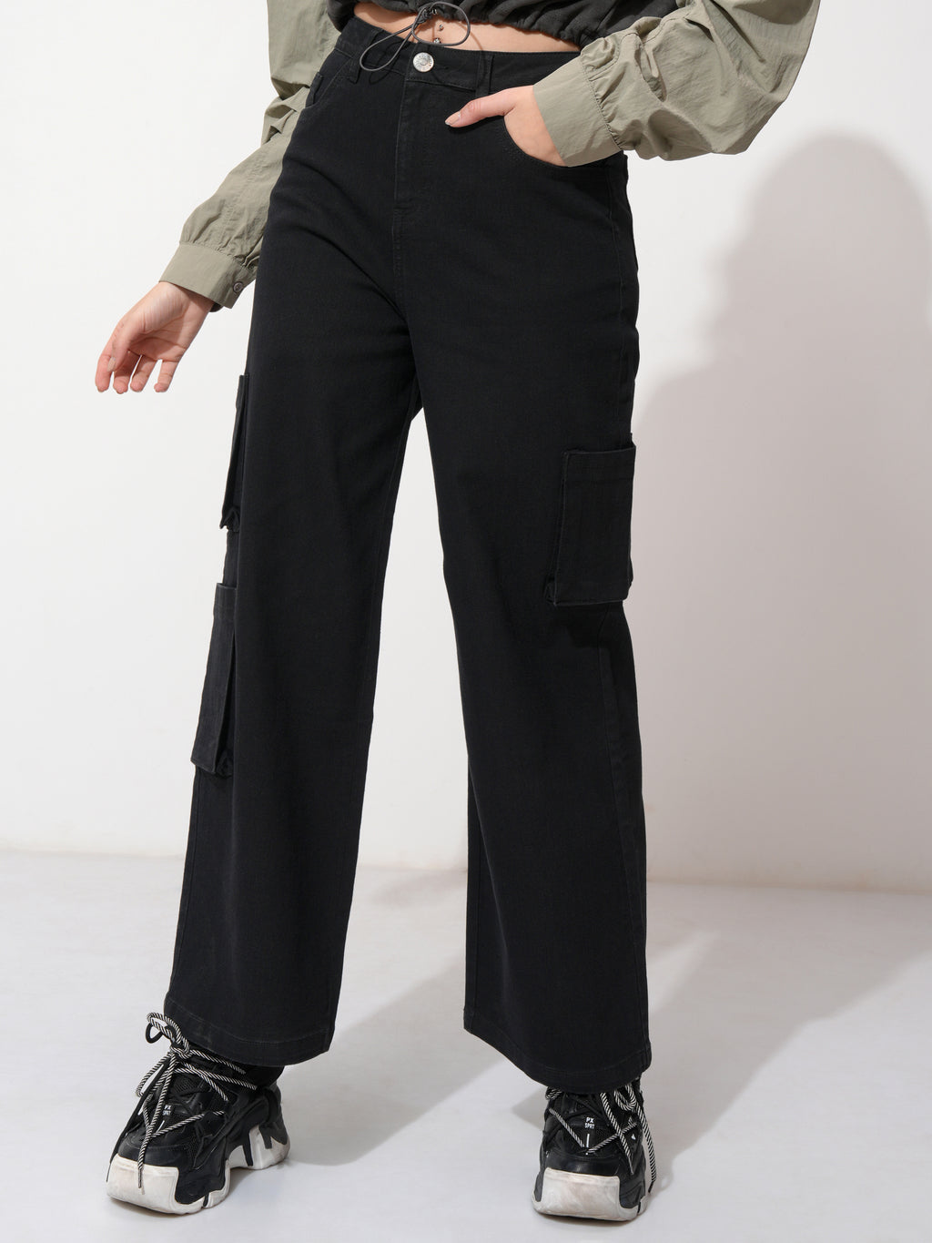 Tokyo Talkies Women Black Wide Leg Stretchable Jeans - Black - Image 1