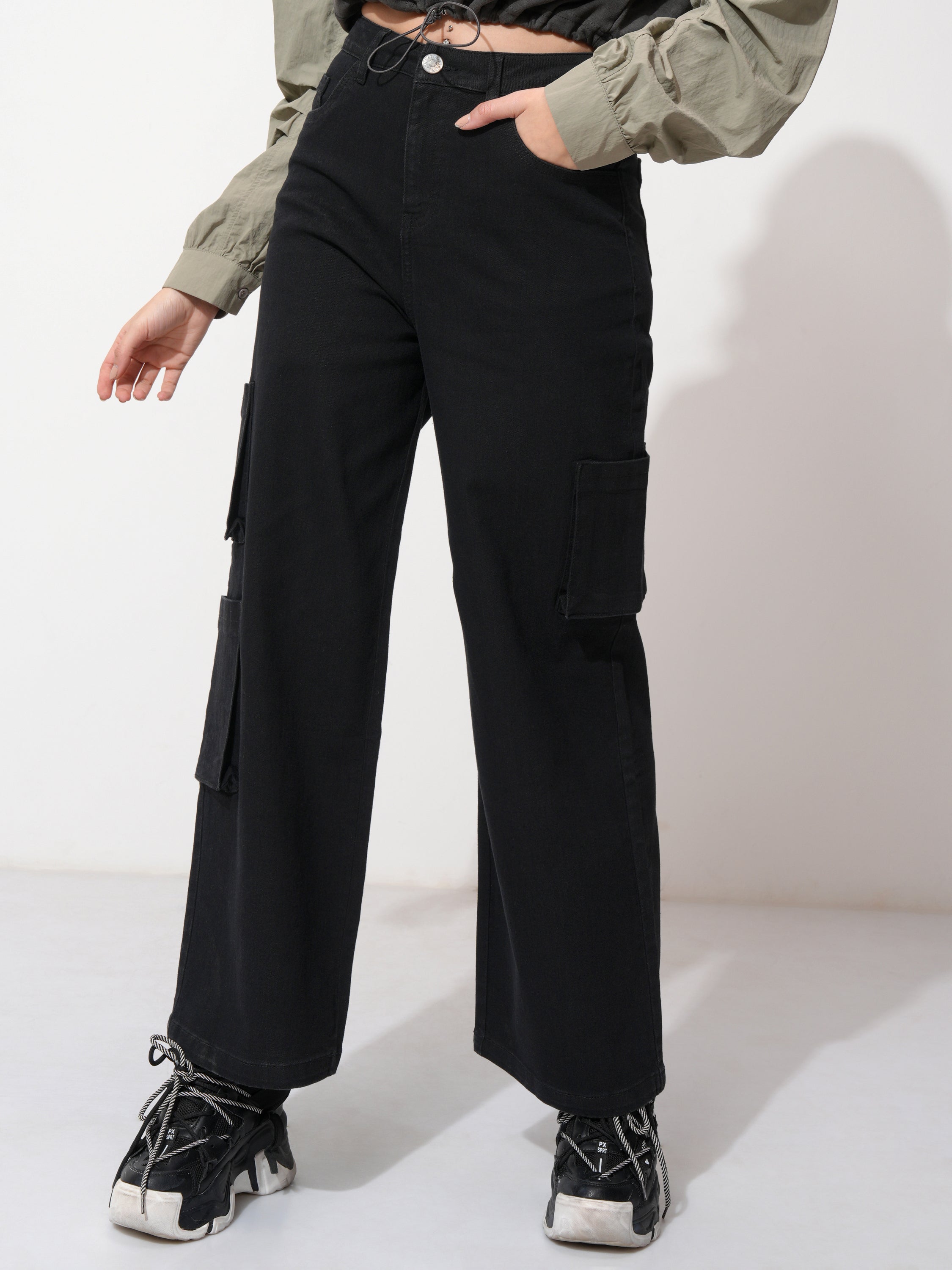 Tokyo Talkies Women Black Wide Leg Stretchable Jeans - Black - Image 1