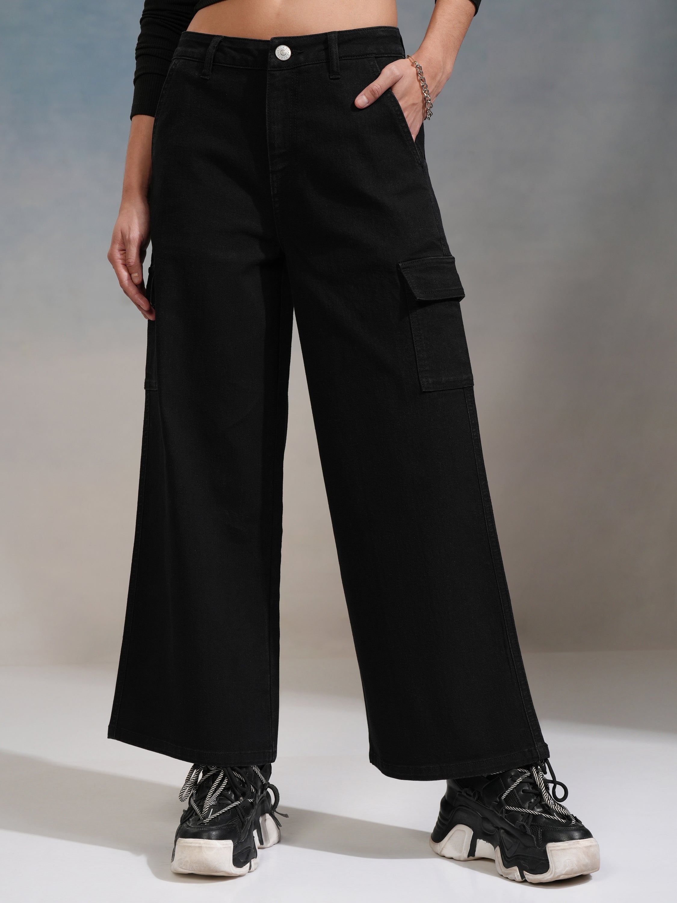 Tokyo Talkies Women Black Wide Leg Stretchable Jeans - Black - Image 1