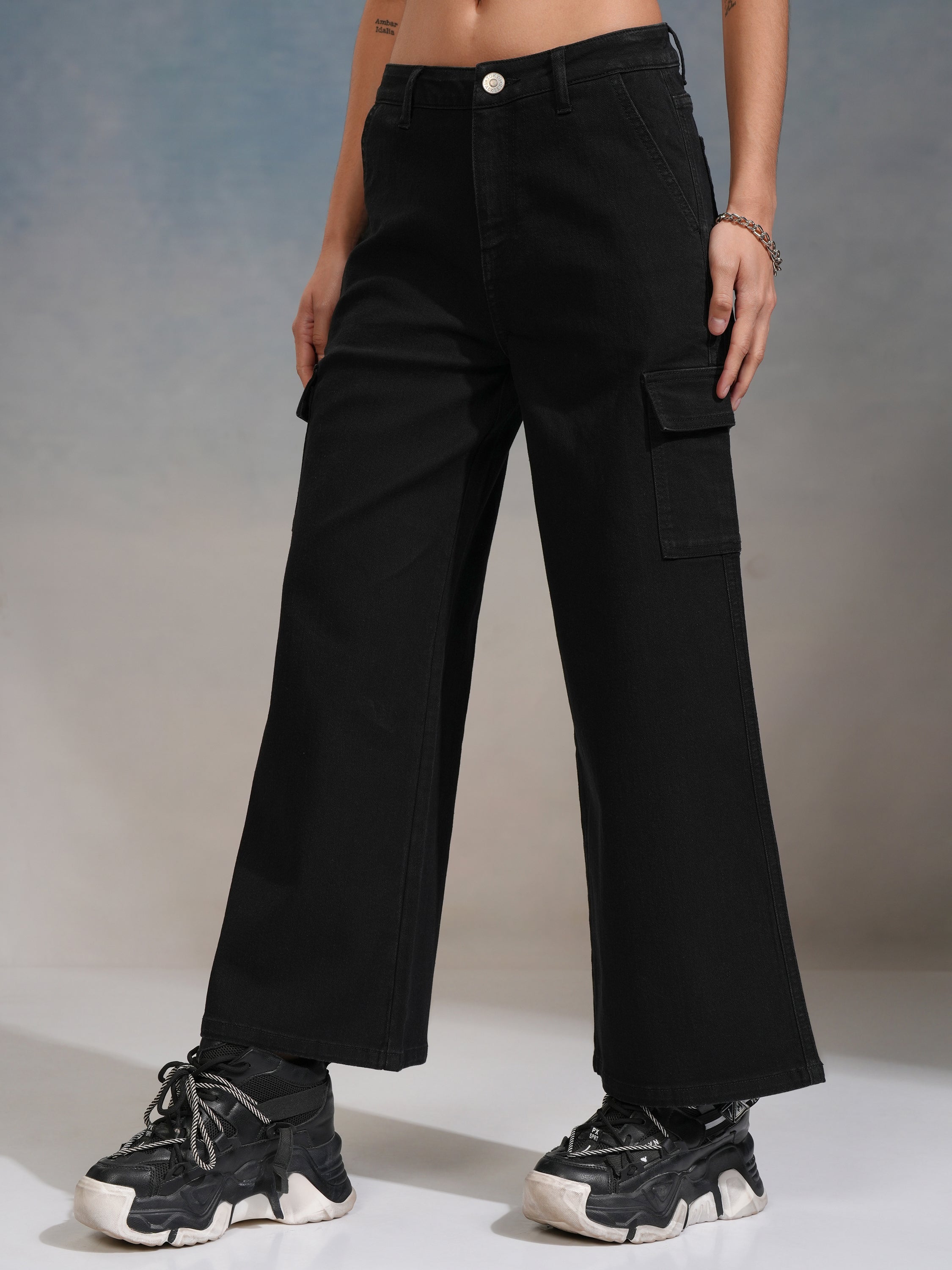 Tokyo Talkies Women Black Wide Leg Stretchable Jeans - Black - Image 4