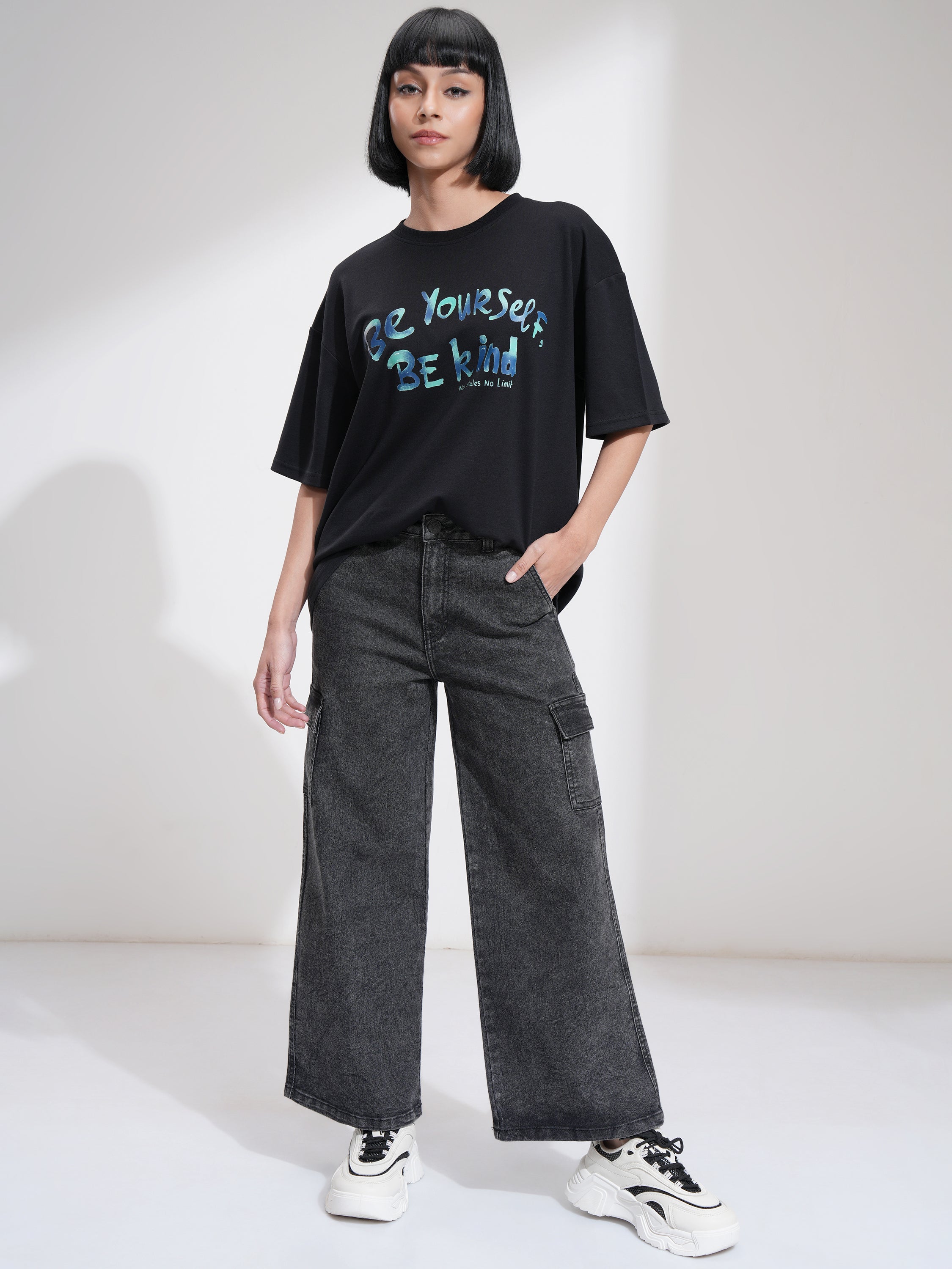 Tokyo Talkies Women Black Wide Leg Stretchable Jeans - Black - Image 2