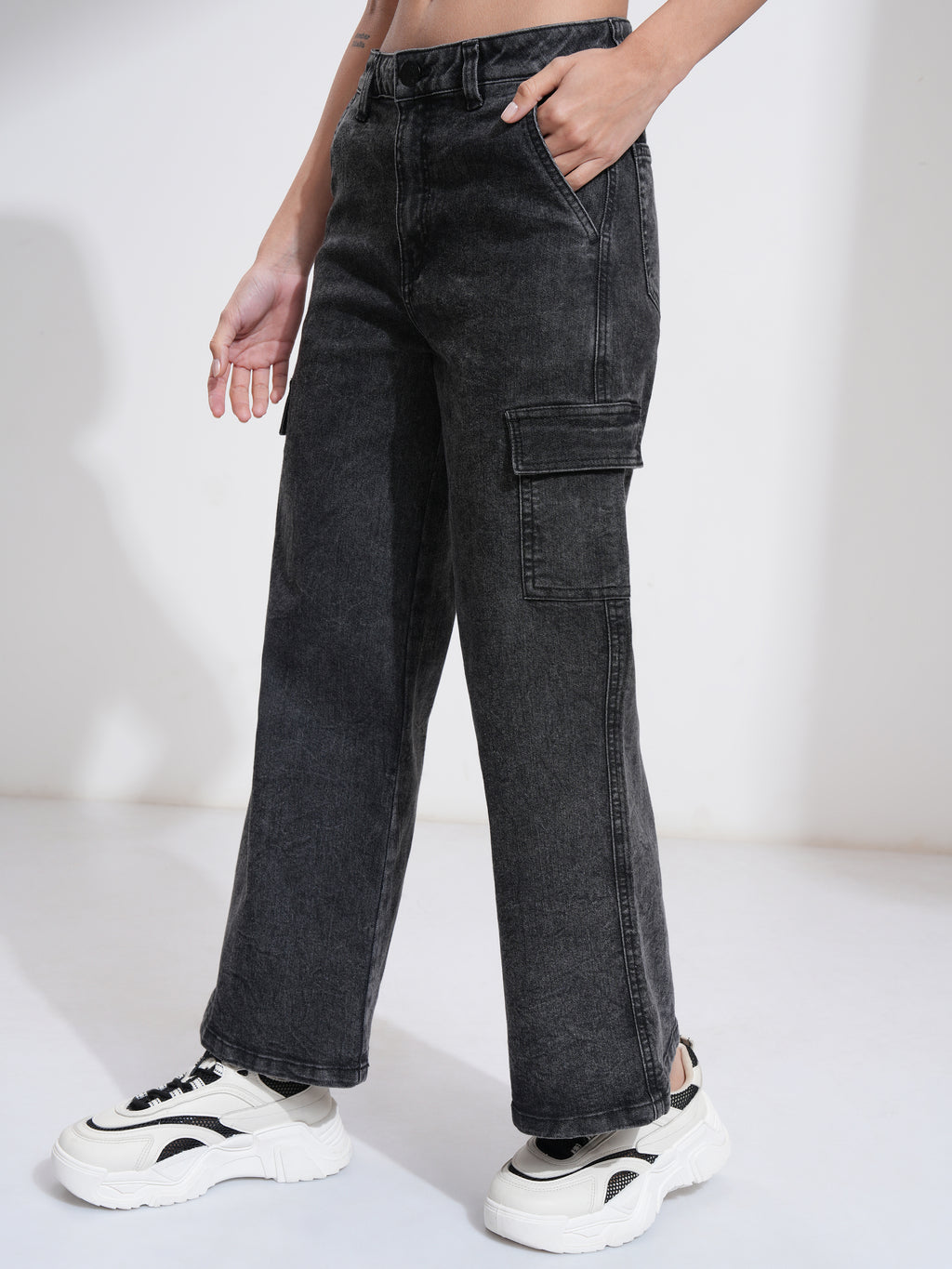 Tokyo Talkies Women Black Wide Leg Stretchable Jeans - Black - Image 4