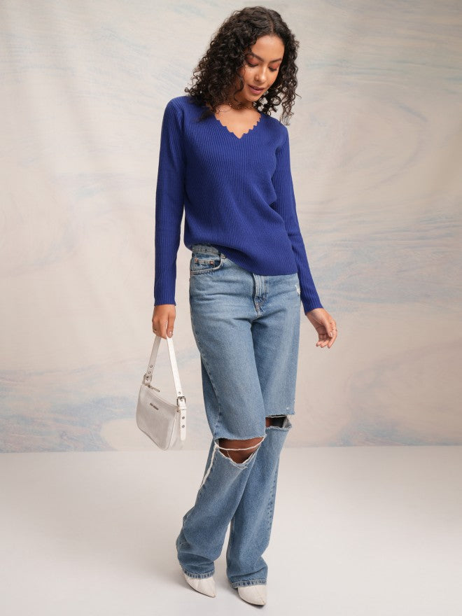 Tokyo Talkies Women Blue V-Neck Sweater - Blue - Image 2