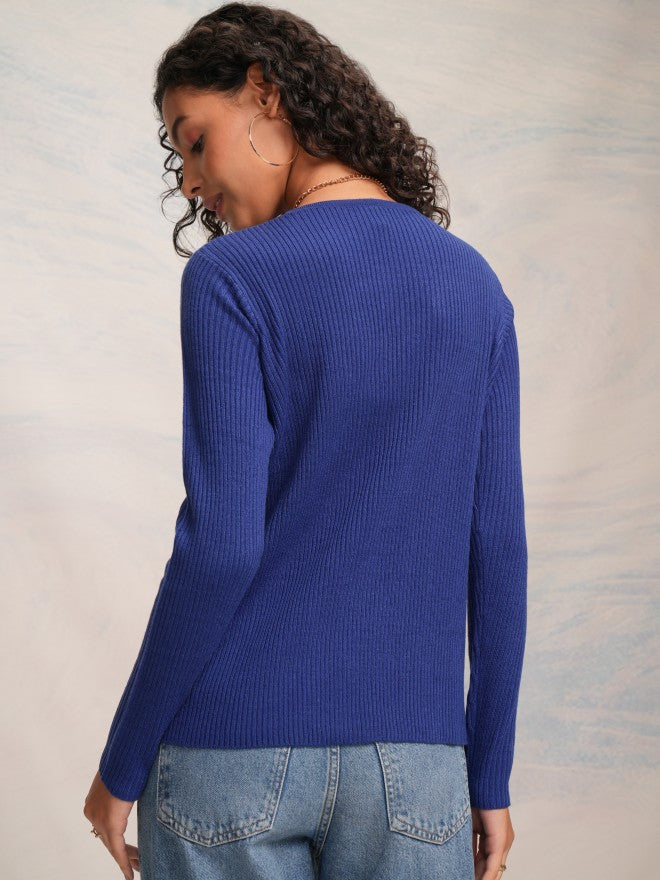 Tokyo Talkies Women Blue V-Neck Sweater - Blue - Image 3