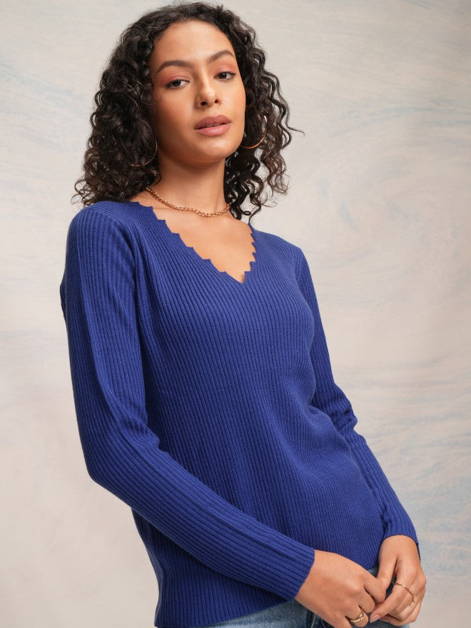 Tokyo Talkies Women Blue V-Neck Sweater - Blue - Image 6