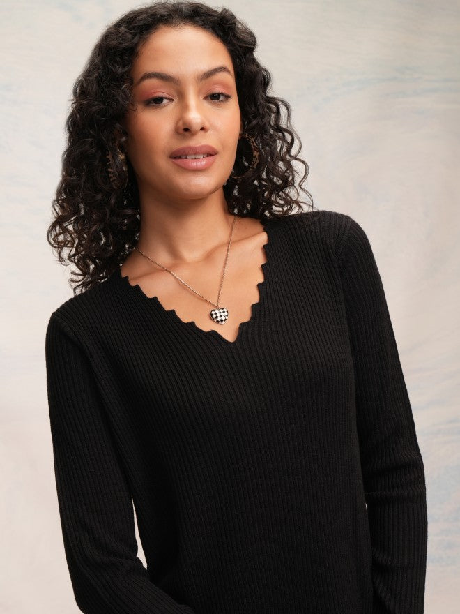Tokyo Talkies Women Black V-Neck Sweater - Black - Image 1