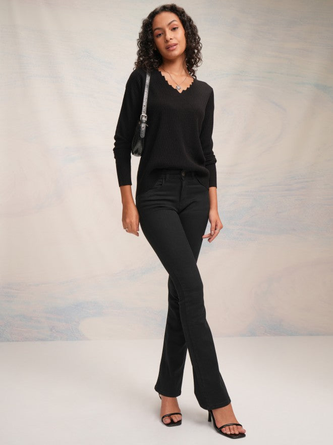 Tokyo Talkies Women Black V-Neck Sweater - Black - Image 2