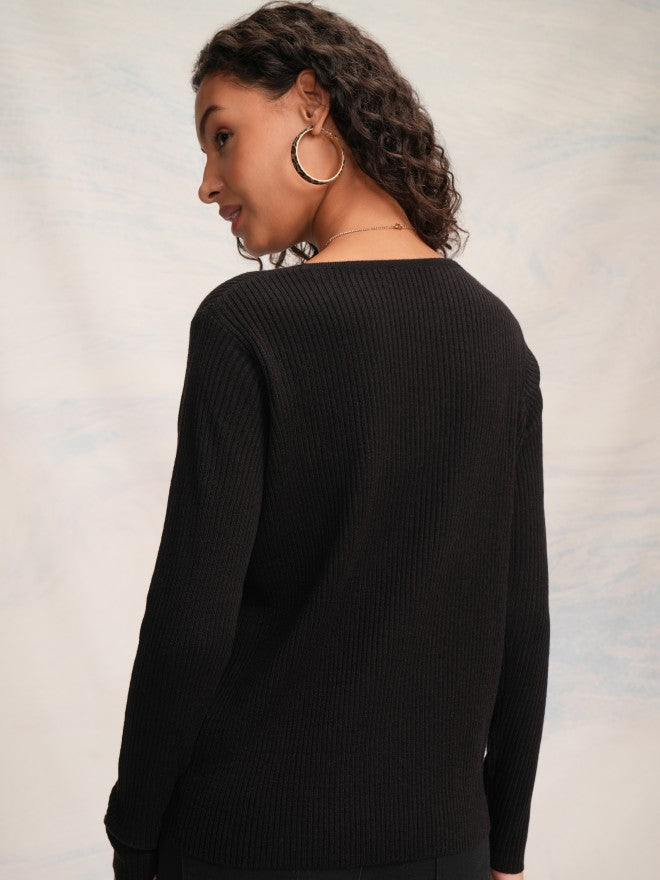 Tokyo Talkies Women Black V-Neck Sweater - Black - Image 3