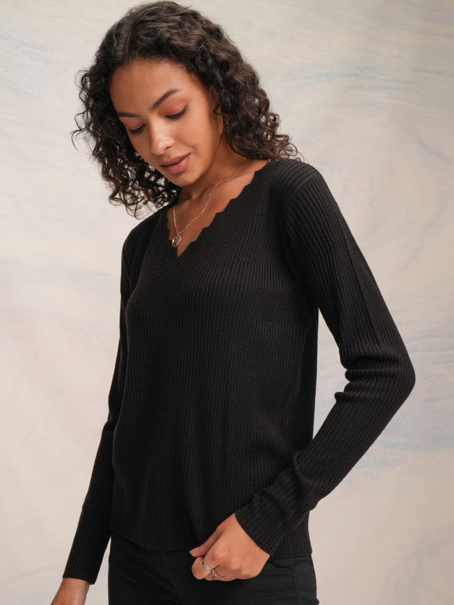 Tokyo Talkies Women Black V-Neck Sweater - Black - Image 4