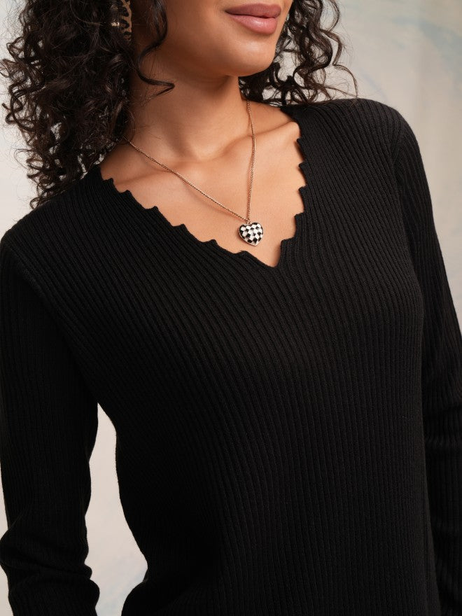 Tokyo Talkies Women Black V-Neck Sweater - Black - Image 5