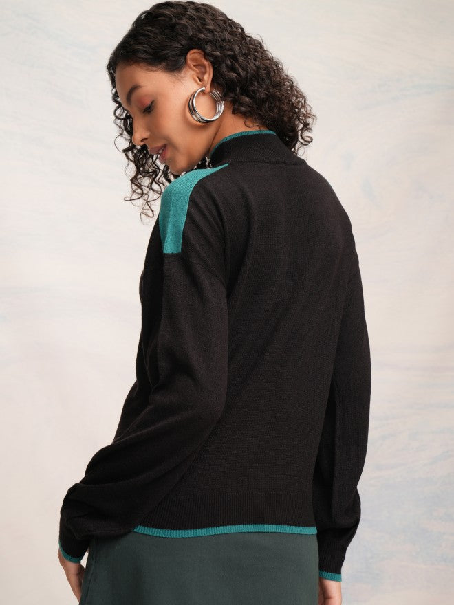 Tokyo Talkies Women Black High Neck Sweater - Black - Image 3