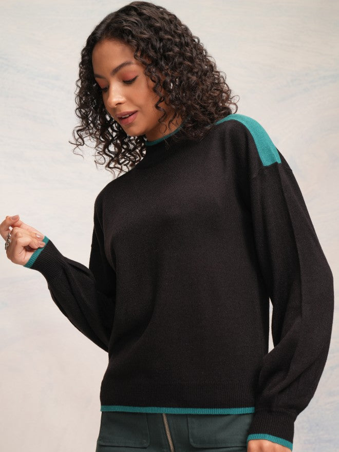 Tokyo Talkies Women Black High Neck Sweater - Black - Image 4