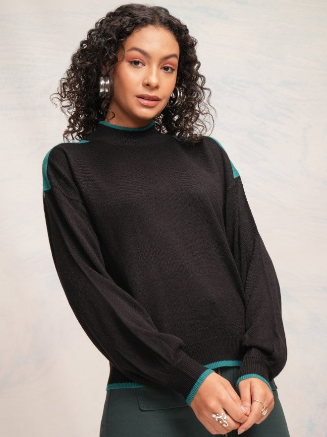 Tokyo Talkies Women Black High Neck Sweater - Black - Image 6