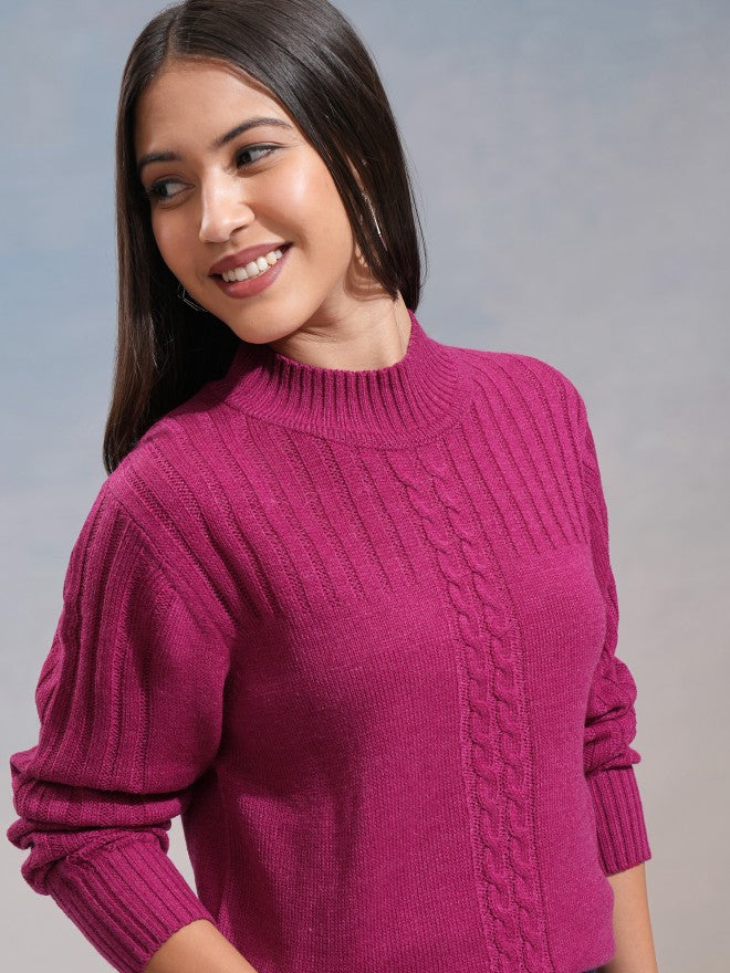 Tokyo Talkies Women Magenta Turtle Neck Sweater - Magenta - Image 1