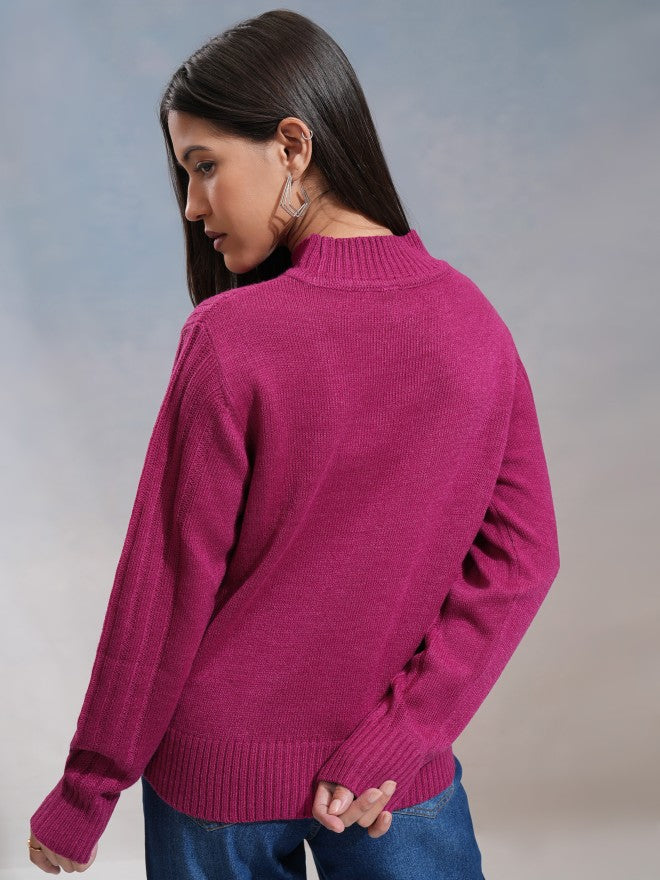 Tokyo Talkies Women Magenta Turtle Neck Sweater - Magenta - Image 3