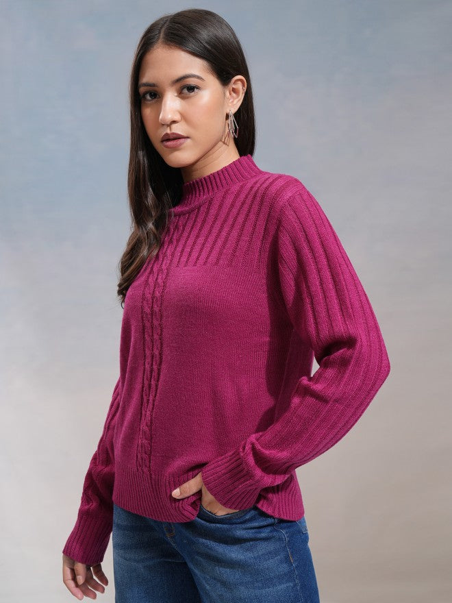 Tokyo Talkies Women Magenta Turtle Neck Sweater - Magenta - Image 4