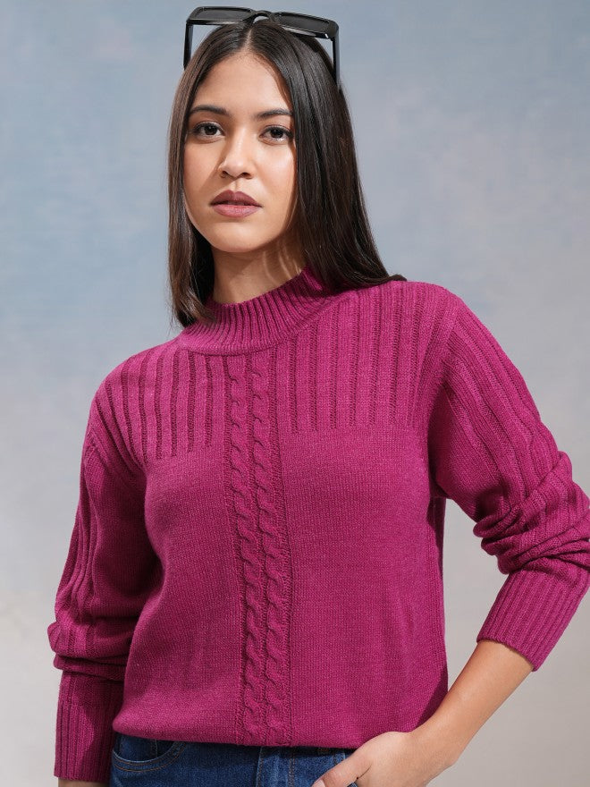 Tokyo Talkies Women Magenta Turtle Neck Sweater - Magenta - Image 6