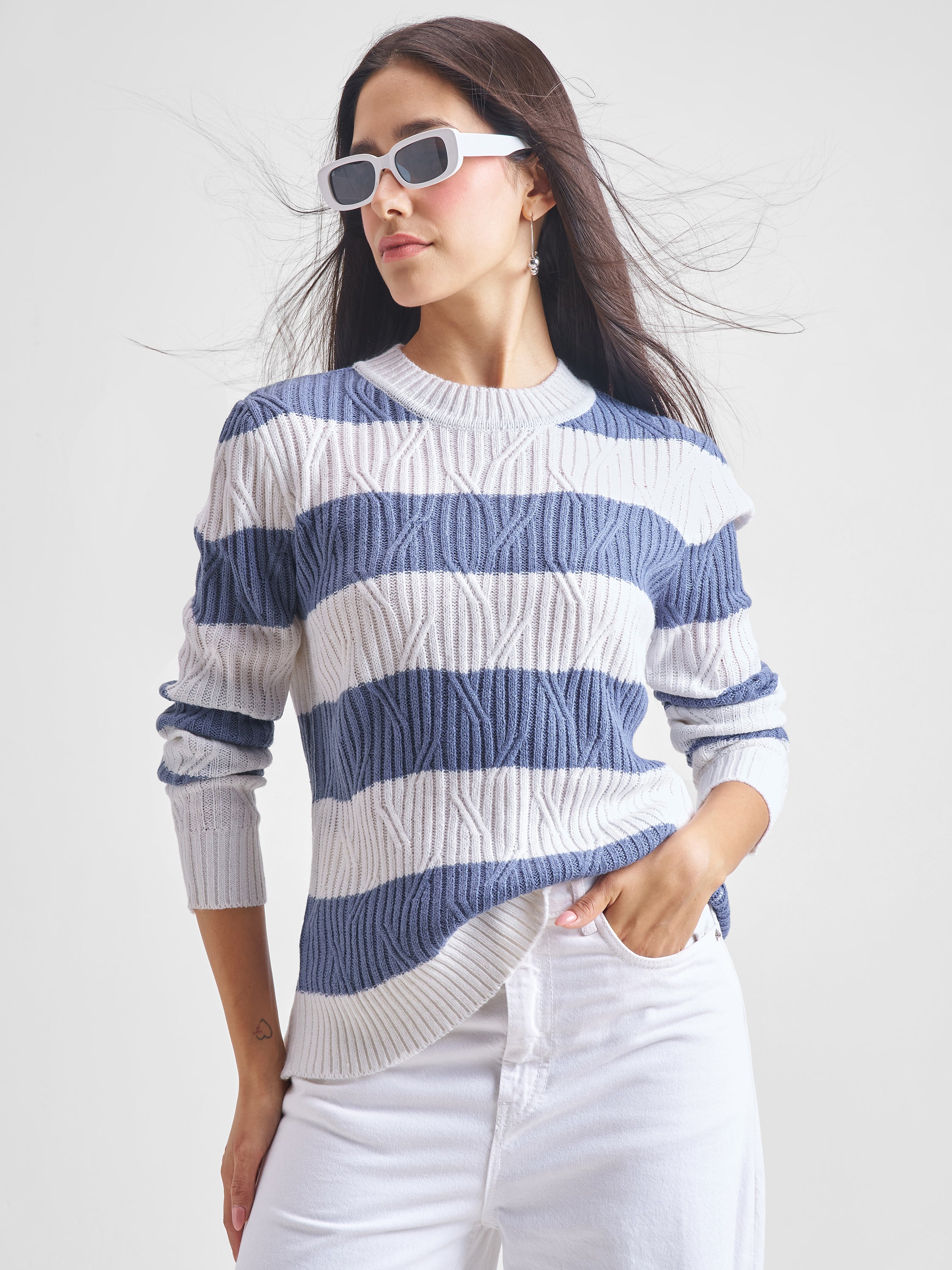 Tokyo Talkies Women Blue Round Neck Sweater - Blue - Image 1