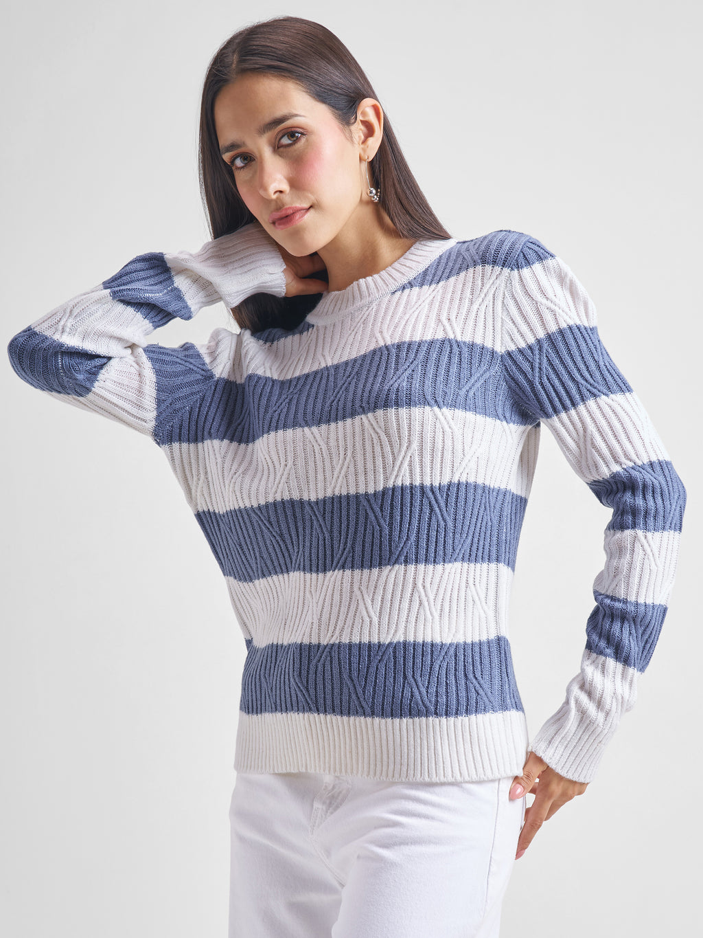 Tokyo Talkies Women Blue Round Neck Sweater - Blue - Image 4