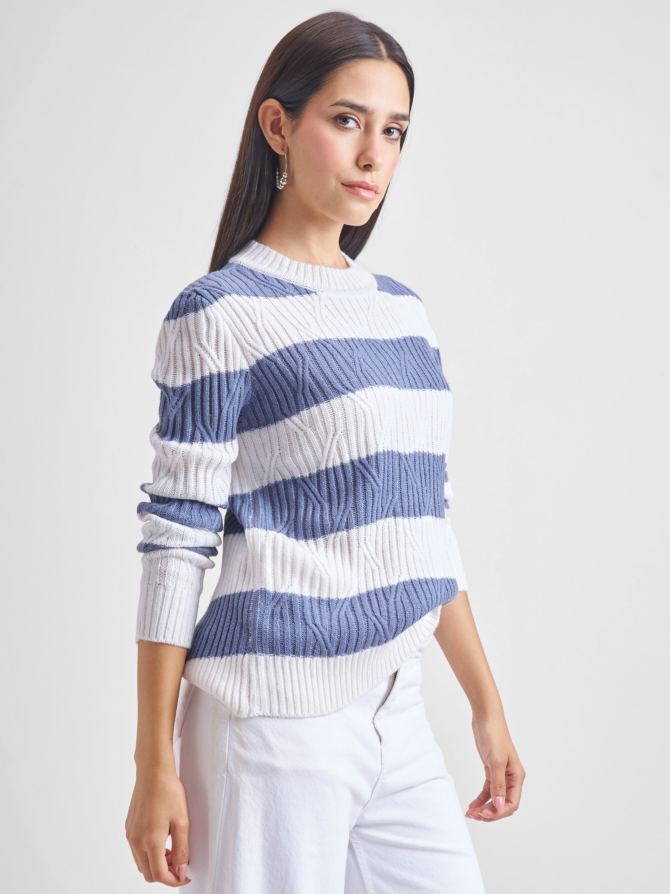 Tokyo Talkies Women Blue Round Neck Sweater - Blue - Image 6
