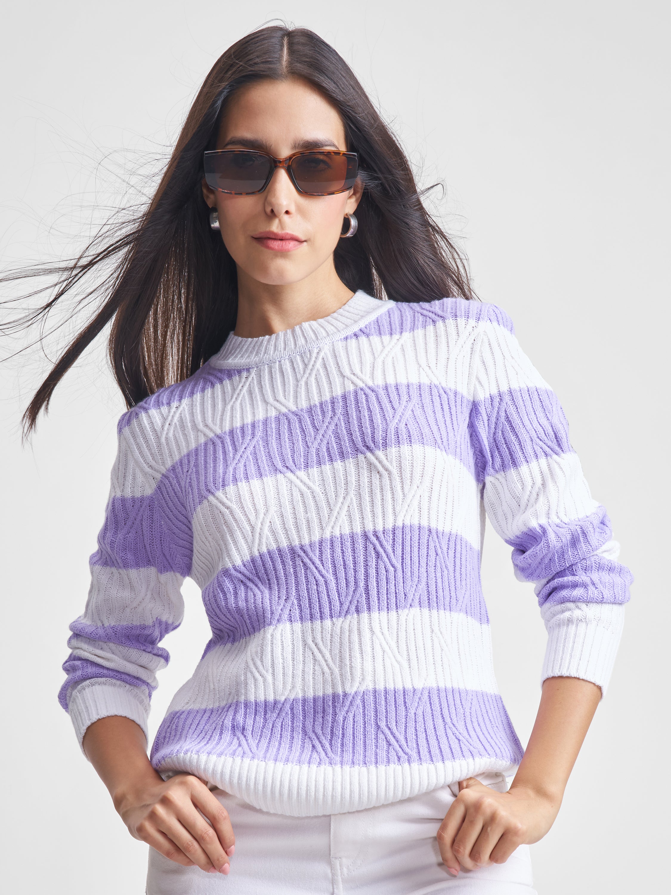 Tokyo Talkies Women Lavender Round Neck Sweater - Lavender - Image 1
