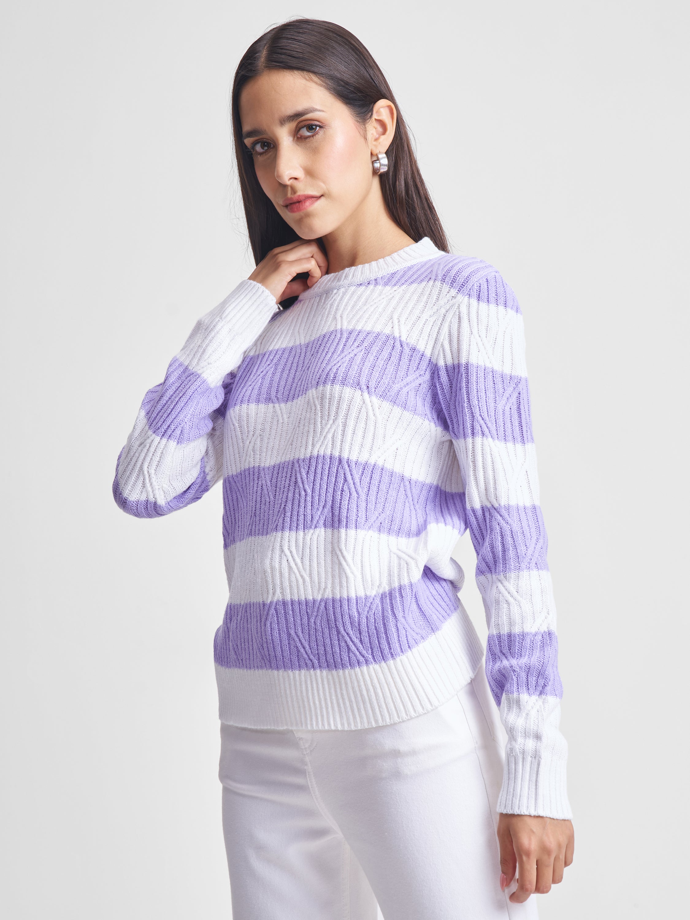 Tokyo Talkies Women Lavender Round Neck Sweater - Lavender - Image 4