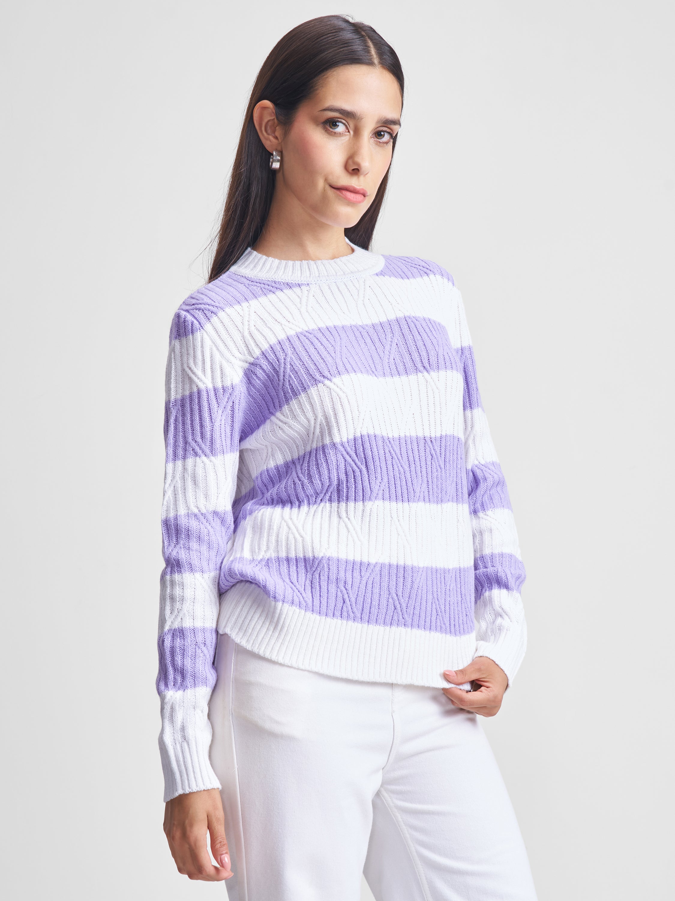 Tokyo Talkies Women Lavender Round Neck Sweater - Lavender - Image 6