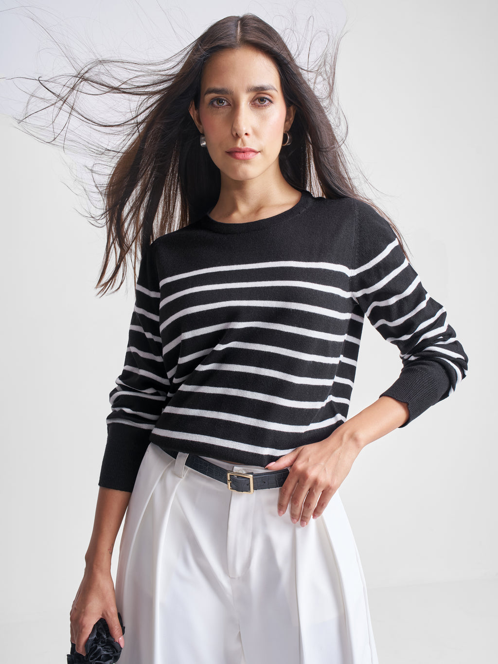 Tokyo Talkies Women Black Round Neck Sweater - Black - Image 1