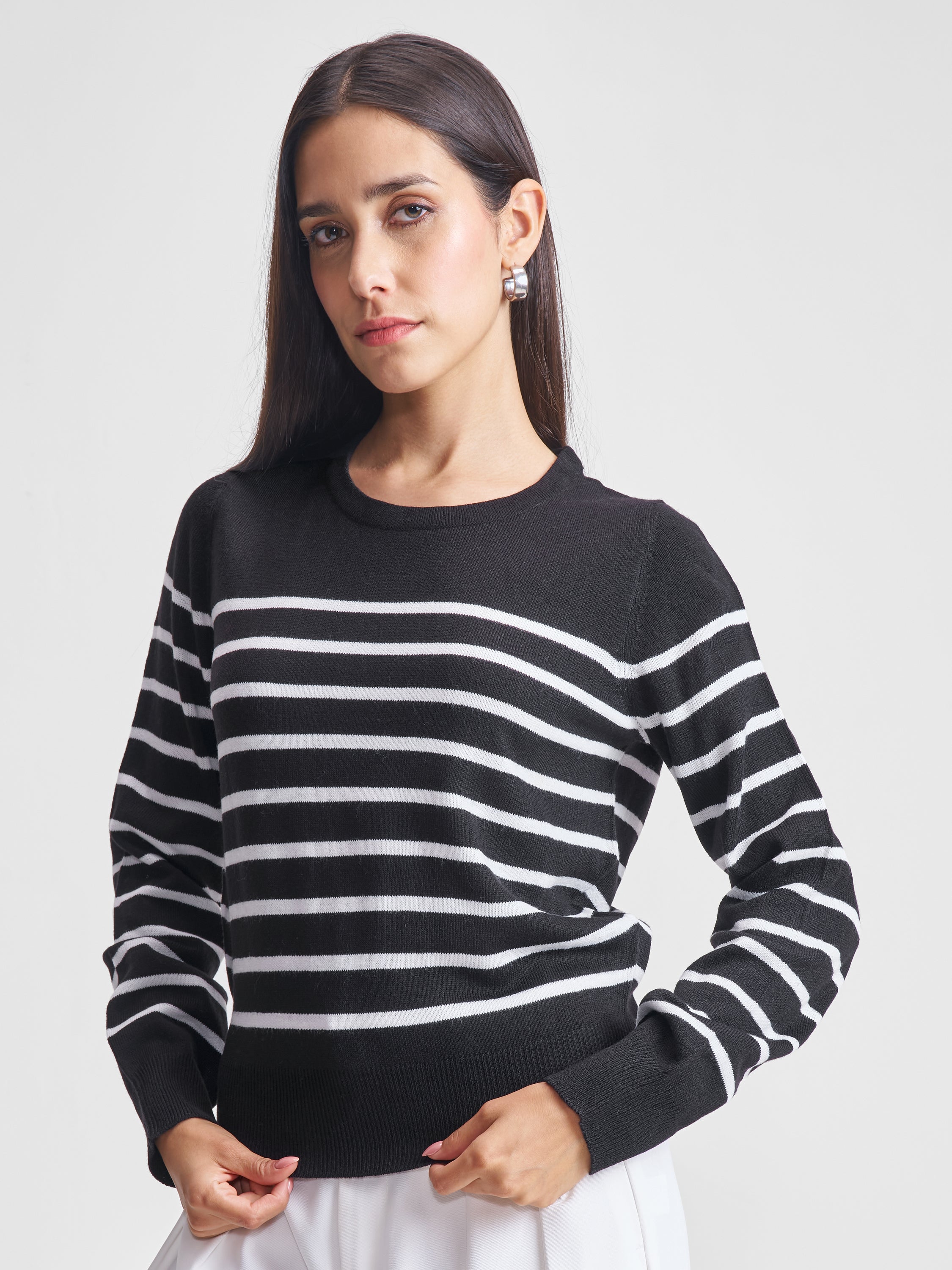 Tokyo Talkies Women Black Round Neck Sweater - Black - Image 4