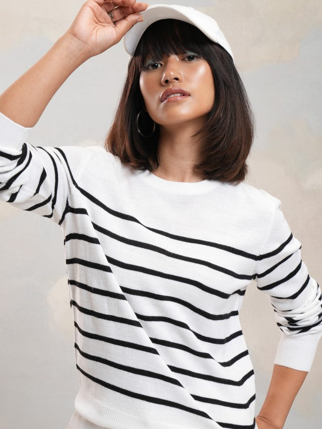Tokyo Talkies Women White Round Neck Sweater - White - Image 1