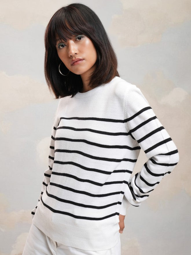 Tokyo Talkies Women White Round Neck Sweater - White - Image 4