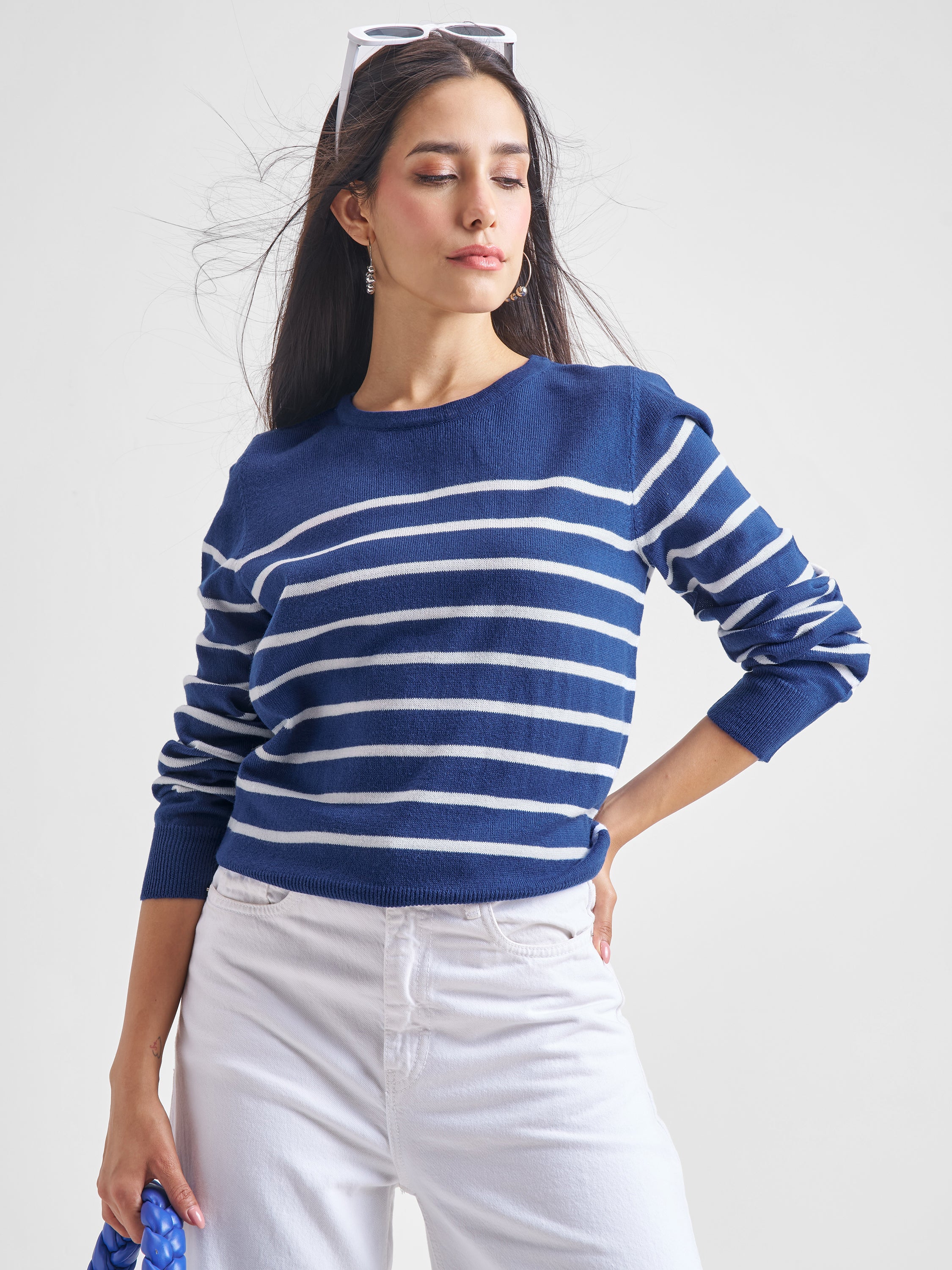 Tokyo Talkies Women Navy Blue Round Neck Sweater - Navy Blue - Image 1