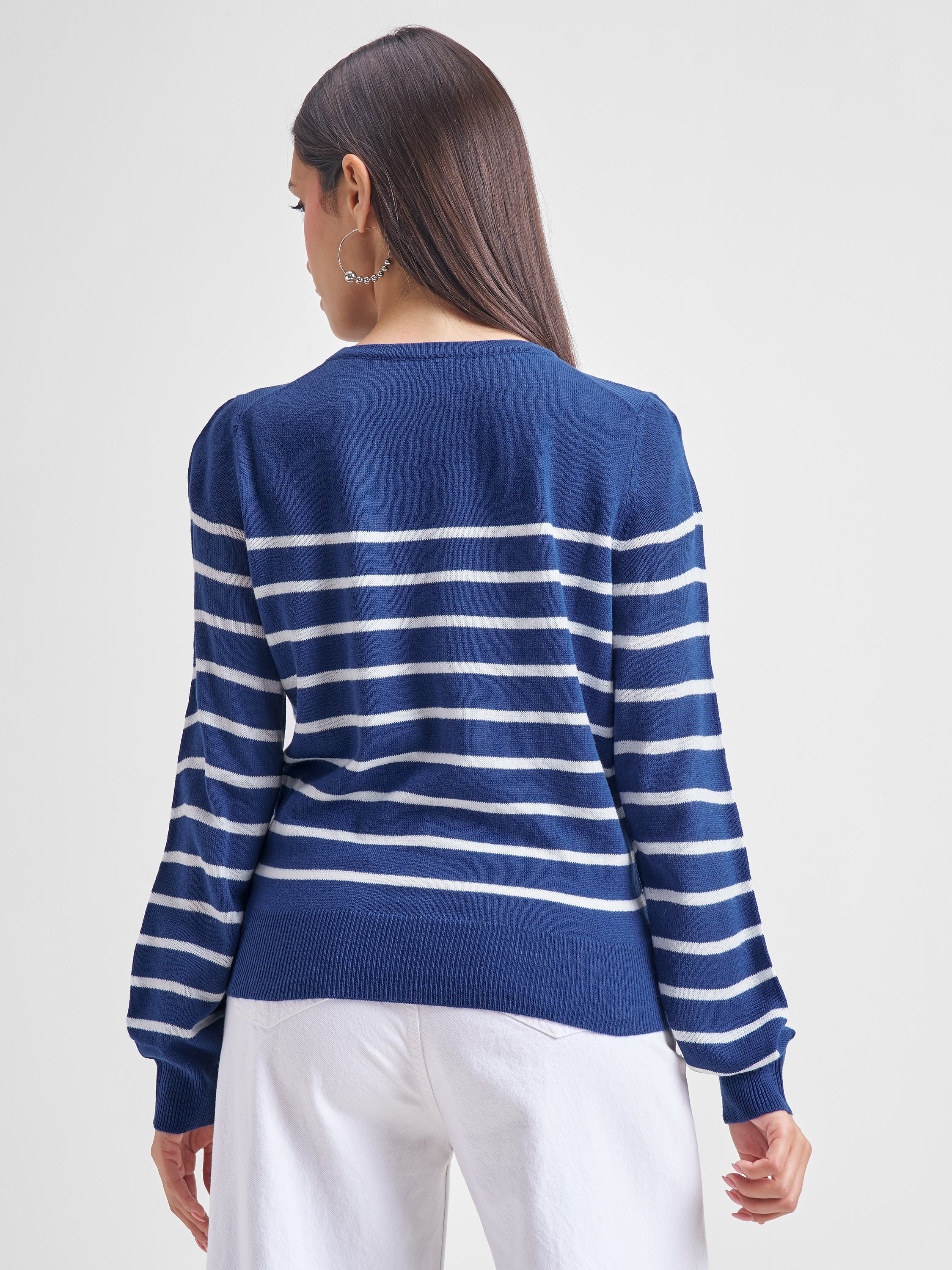 Tokyo Talkies Women Navy Blue Round Neck Sweater - Navy Blue - Image 3
