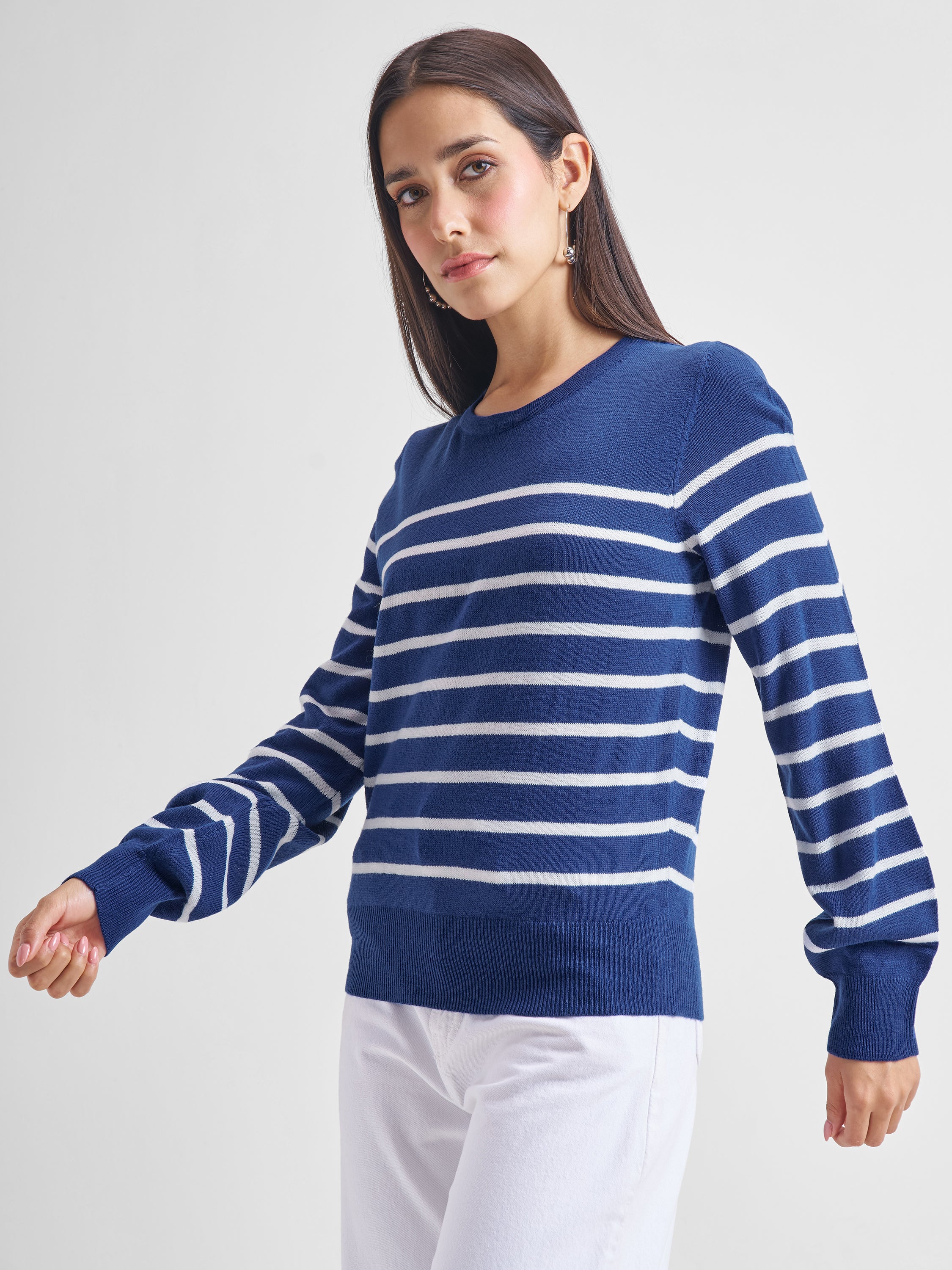 Tokyo Talkies Women Navy Blue Round Neck Sweater - Navy Blue - Image 4