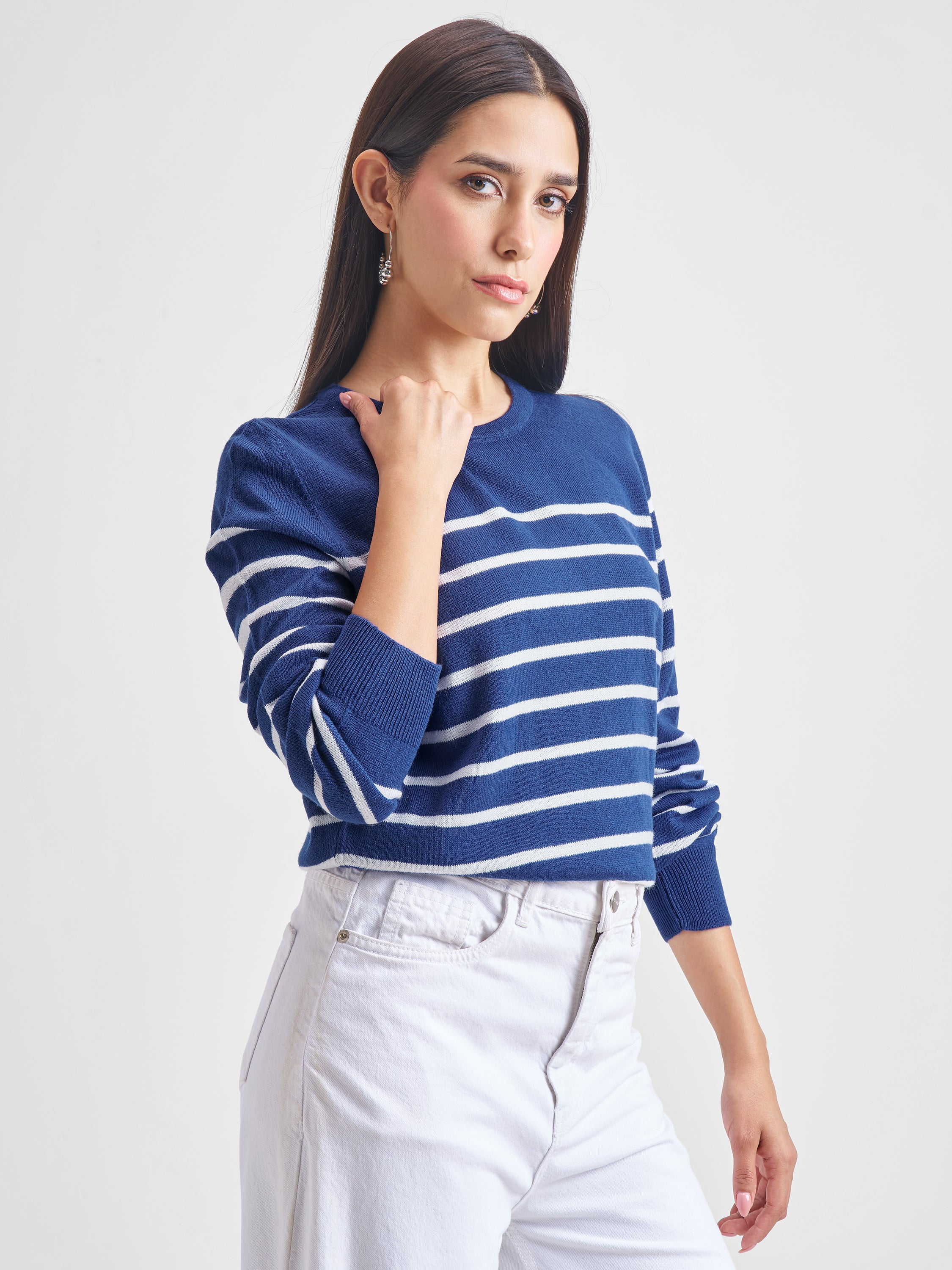 Tokyo Talkies Women Navy Blue Round Neck Sweater - Navy Blue - Image 6
