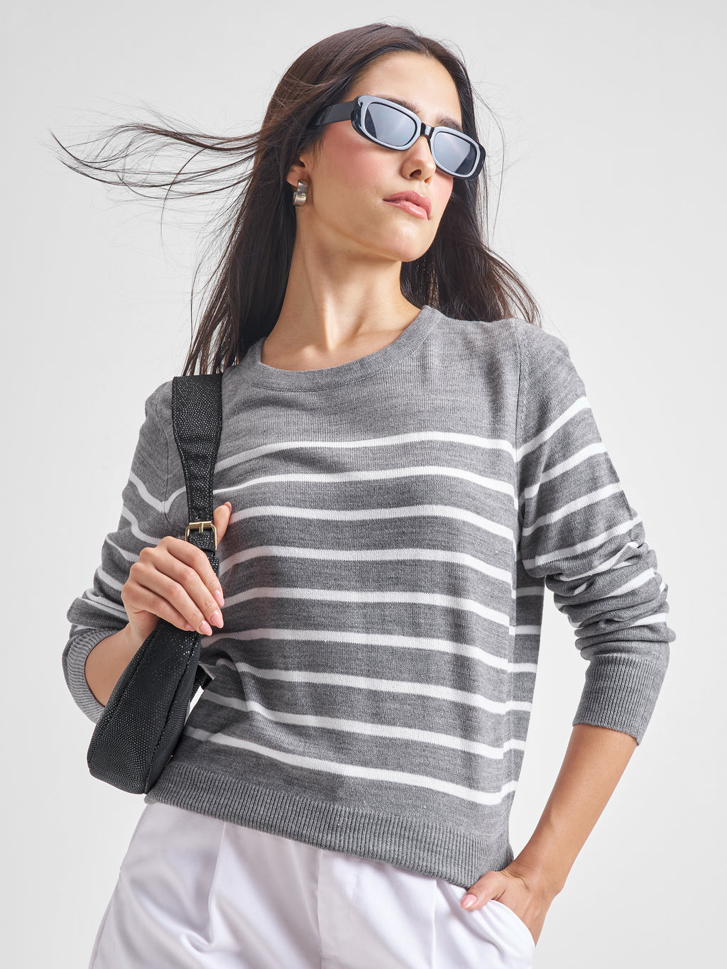Tokyo Talkies Women Grey Round Neck Sweater - Grey - Image 1