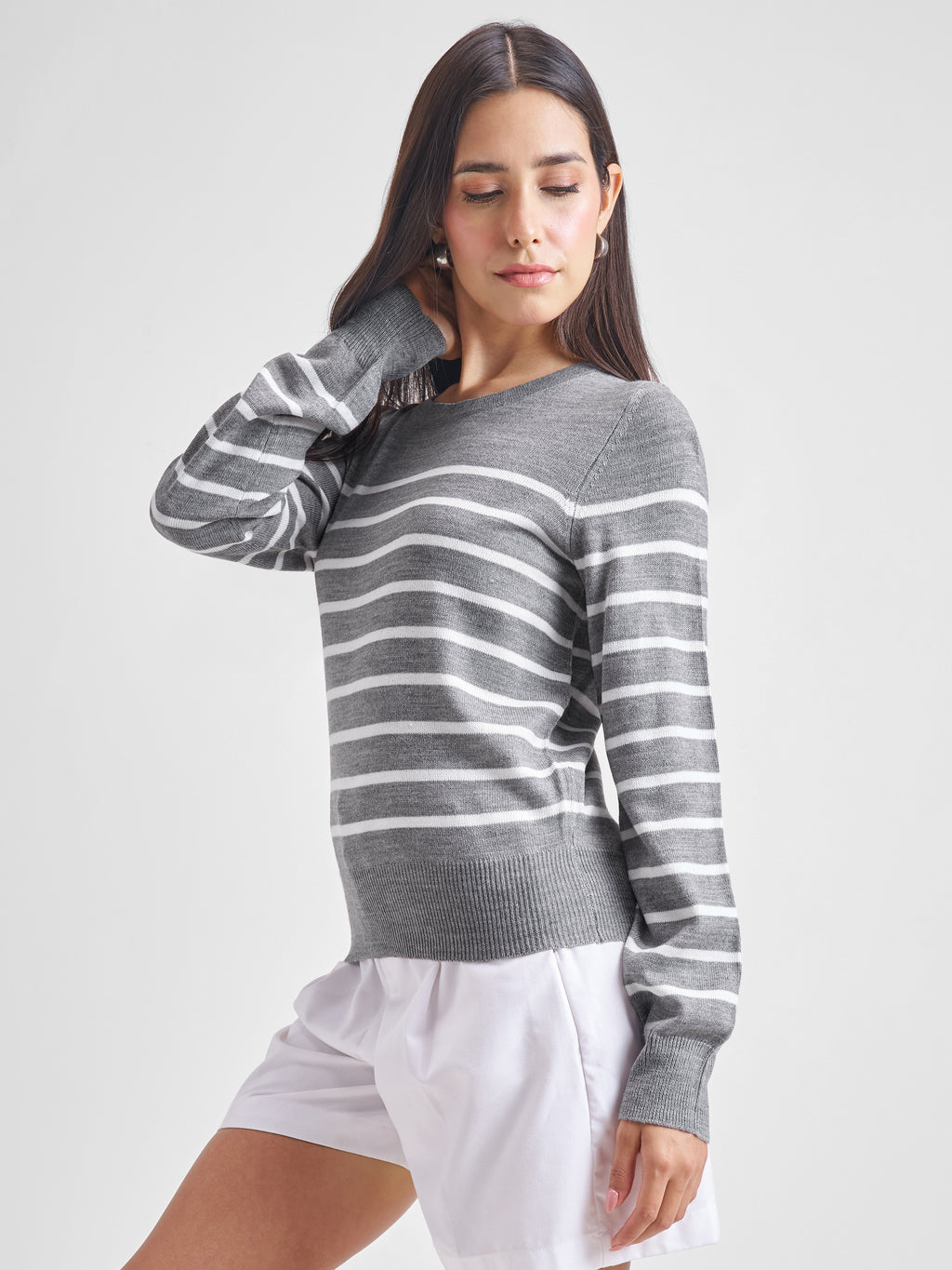Tokyo Talkies Women Grey Round Neck Sweater - Grey - Image 4