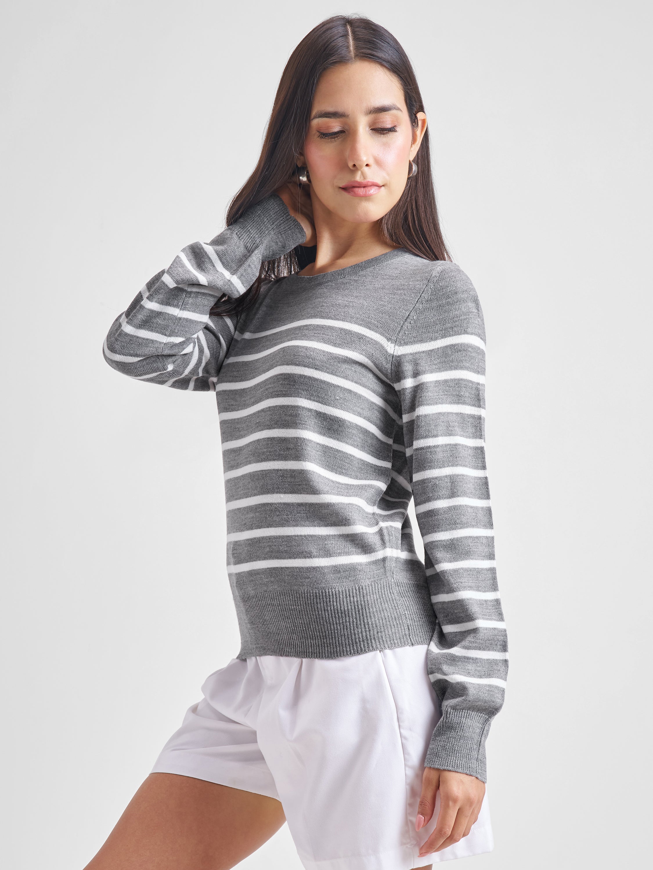 Tokyo Talkies Women Grey Round Neck Sweater - Grey - Image 4