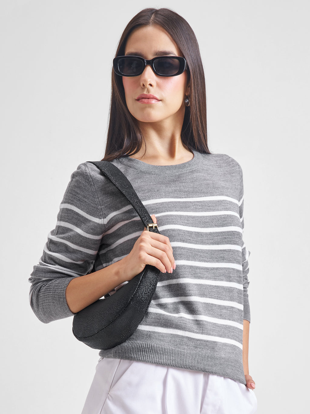 Tokyo Talkies Women Grey Round Neck Sweater - Grey - Image 6