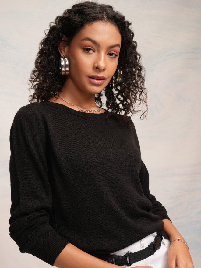 Tokyo Talkies Women Black Round Neck Sweater - Black - Image 1