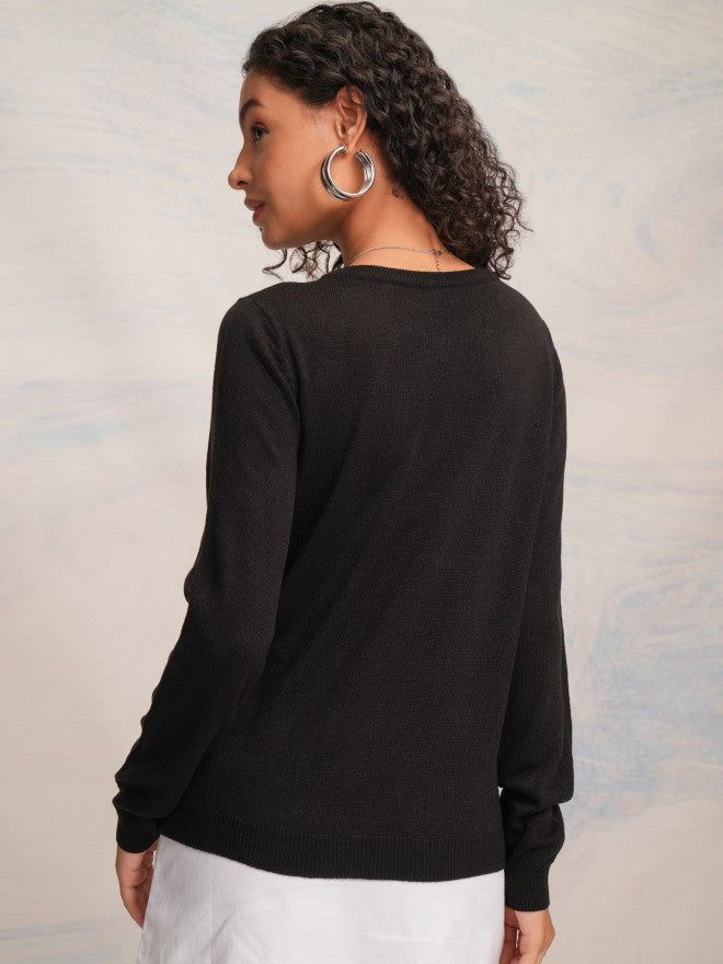 Tokyo Talkies Women Black Round Neck Sweater - Black - Image 3