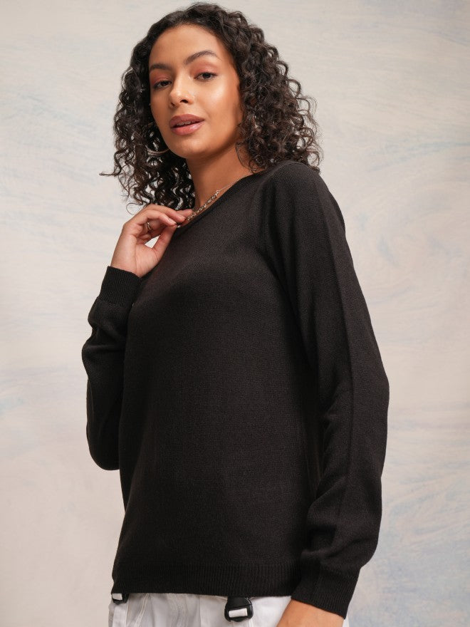 Tokyo Talkies Women Black Round Neck Sweater - Black - Image 4
