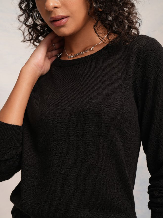 Tokyo Talkies Women Black Round Neck Sweater - Black - Image 5