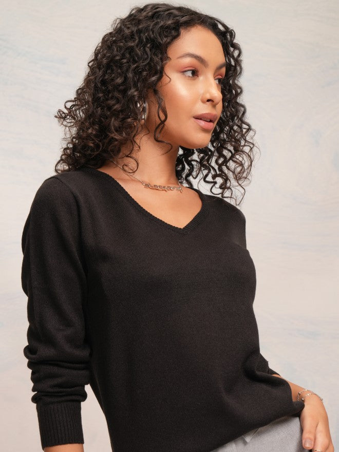 Tokyo Talkies Women Black V-Neck Sweater - Black - Image 1