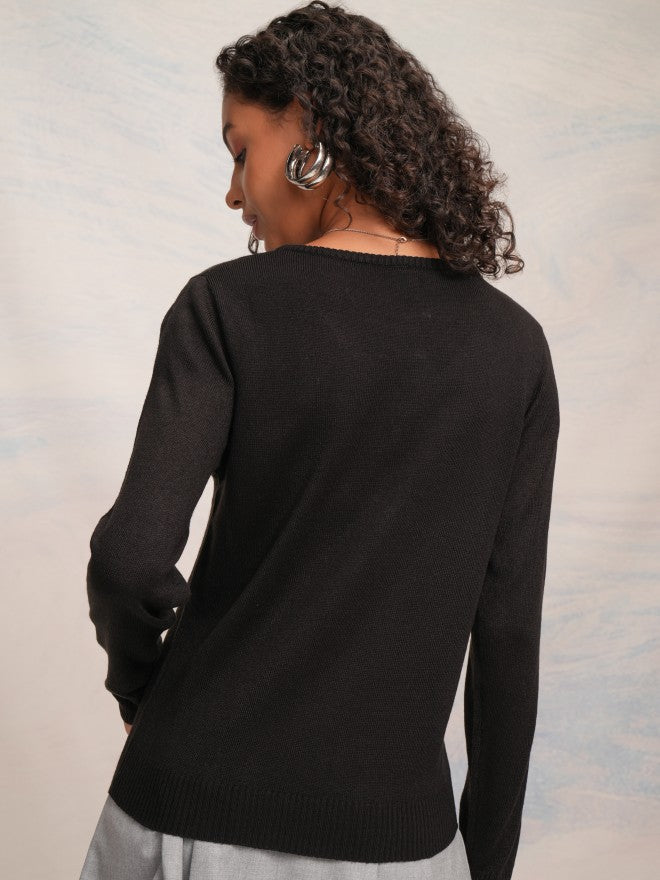 Tokyo Talkies Women Black V-Neck Sweater - Black - Image 3