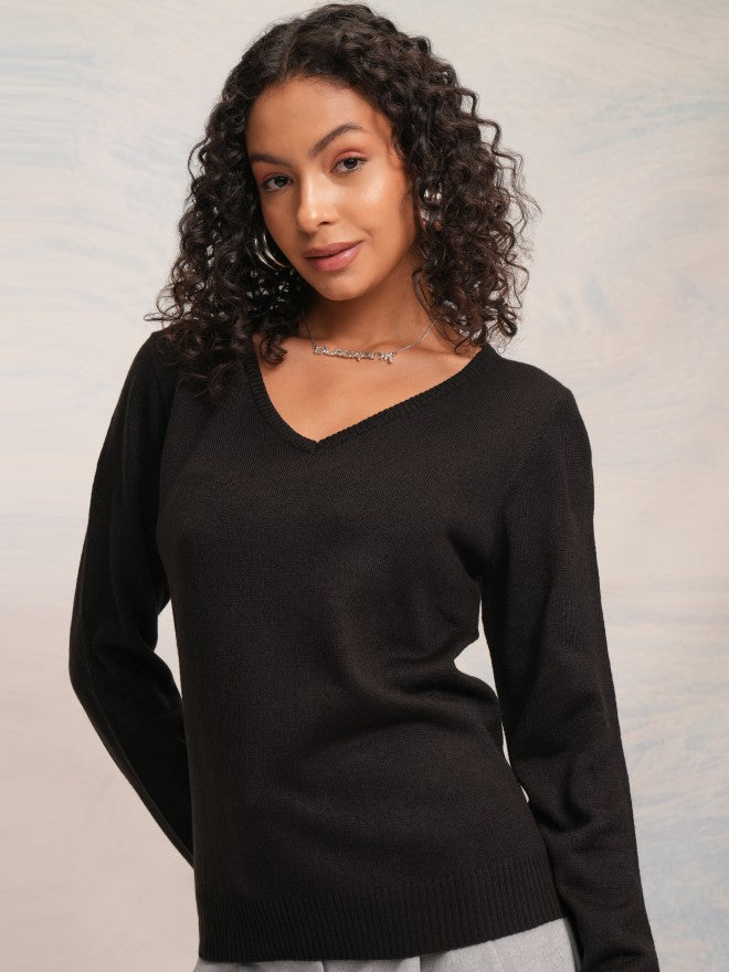 Tokyo Talkies Women Black V-Neck Sweater - Black - Image 4