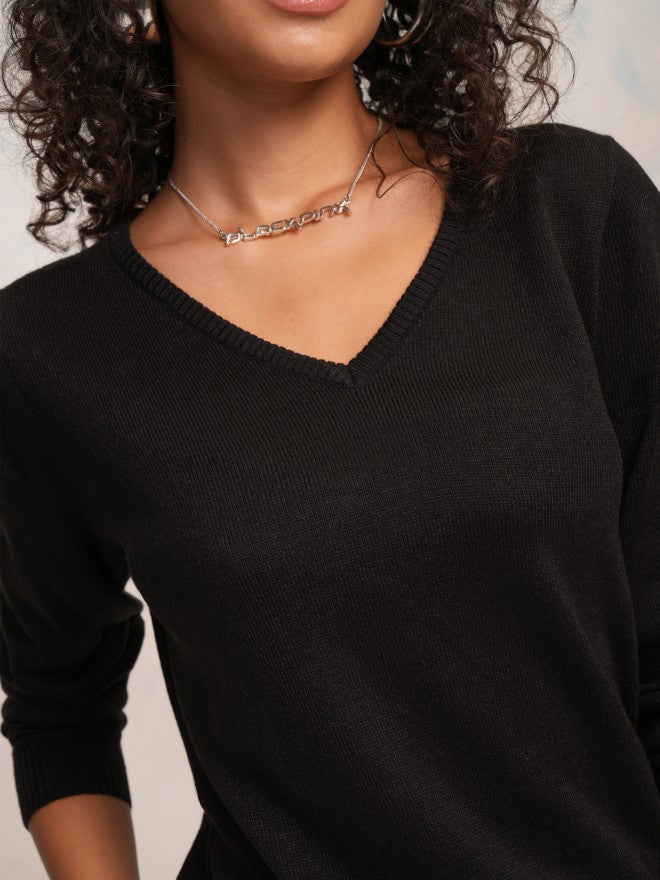 Tokyo Talkies Women Black V-Neck Sweater - Black - Image 5