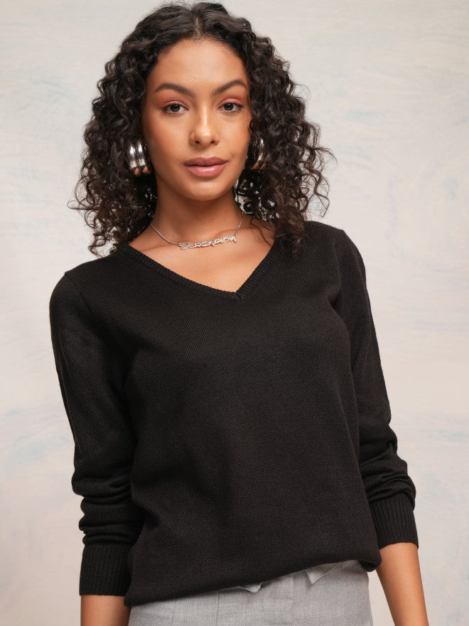 Tokyo Talkies Women Black V-Neck Sweater - Black - Image 6